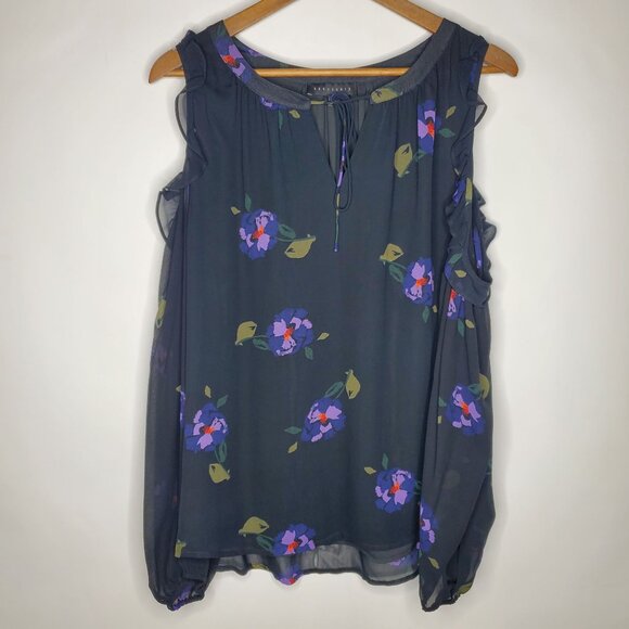 Sanctuary Tops - Sanctuary Women Black Floral Sheer Sleeve Cold Shoulder Blouse Size L Tie Neck